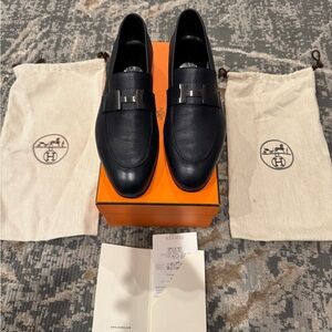 Hermes Navy Leather Loafers